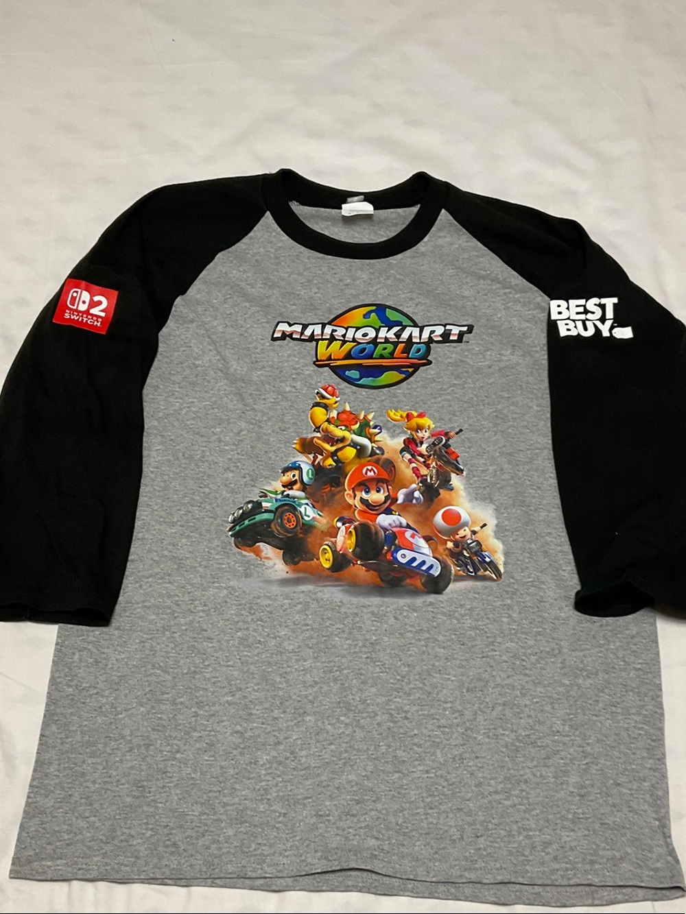 Rare Limited Edition Mario Kart World Best Buy Employee Promo Raglan Shirt.